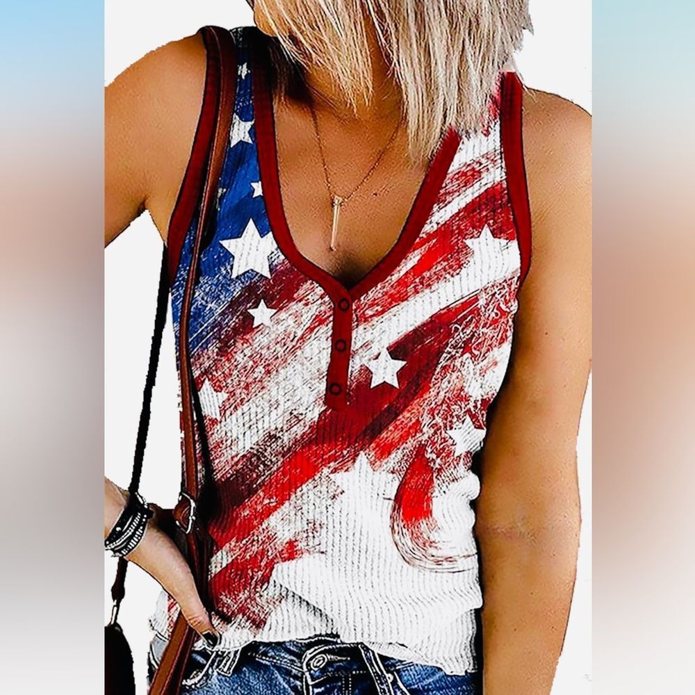 Red White & Blue Half Button V Neck Sleeveless Tank Top S